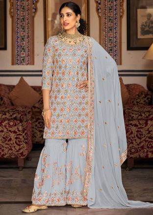 Grey Georgette Gharara Suit In Sequins Embellishment