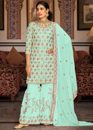 Ice Blue Sequins Embellishment Georgette Gharara Suit Set