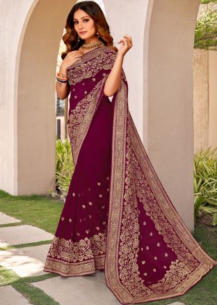 Wine Zari Woven Georgette Saree