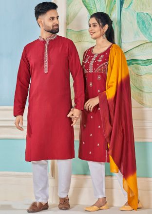 Readymade Maroon Embroidered Couple Wear Set