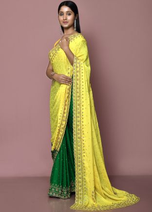 Green Embroidered Half & Half Saree
