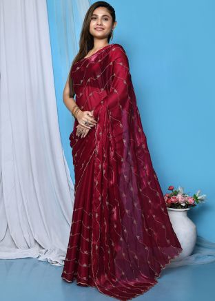Red Embroidered Chiffon Saree