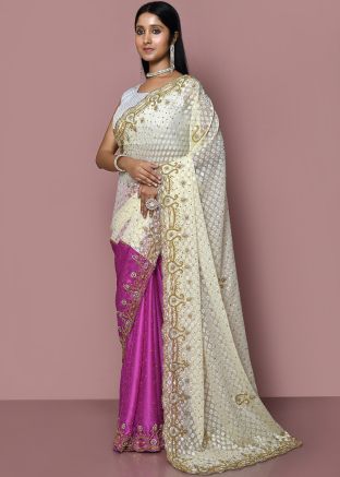 White & Pink Embroidered Half& Half Saree