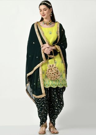 Yellow Embroidered Readymade Dhoti Style suit In Georgette