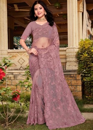 Pink Net Saree In Resham Embroidery