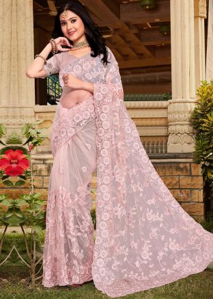 Peach Resham Embroidered Saree In Net