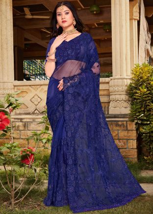 Navy Blue Resham Embroidered Saree