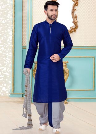 Readymade Blue Dupion Silk Kurta Dhoti Set