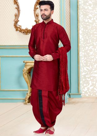 Maroon Dupion Silk Readymade Kurta Dhoti Set