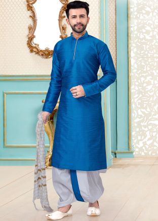 Readymade Blue Dupion Silk Kurta With Dhoti