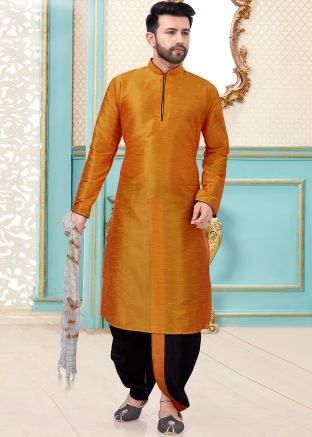 Yellow Readymade Dupion Silk Kurta With Dhoti