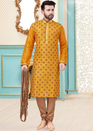 Yellow Embroidered Dupion Silk Kurta Churidar Set