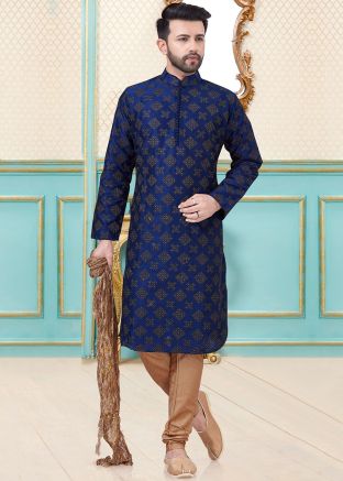 Navy Blue Readymade Embroidered Kurta With Churidar