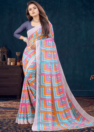 Multicolor Georgette Saree In Leheria Print