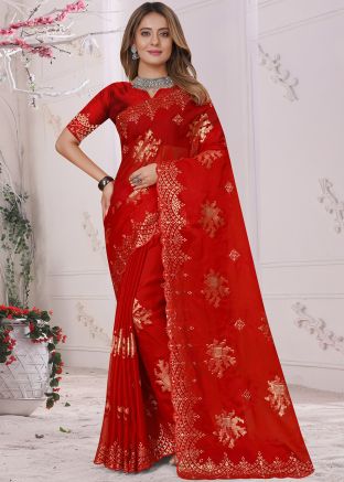 Red Georgette Saree In Sequins Embroidery