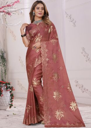 Red Georgette Saree In Sequins Embroidery
