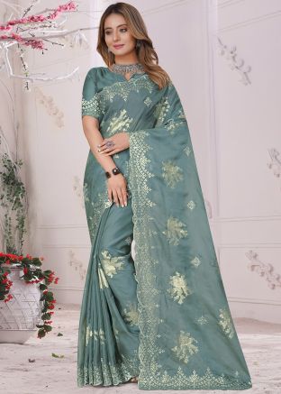 Blue Embroidered Saree In Georgette