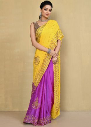 Pink & Yellow Embroidered Half N Half Saree