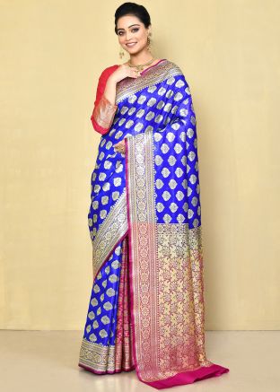 Blue & Pink Half N Half Woven Saree