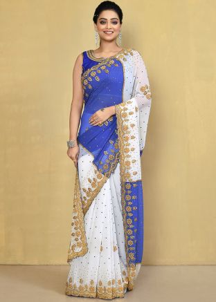 White Embellished Border Georgette Saree