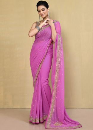 Pink Embroidered Border Saree In Georgette