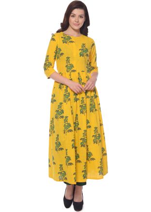 Yellow Block Floral Printed Cotton Long Kurta