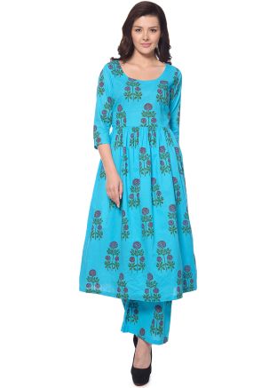 Readymade Floral Block Print Blue Long Kurta
