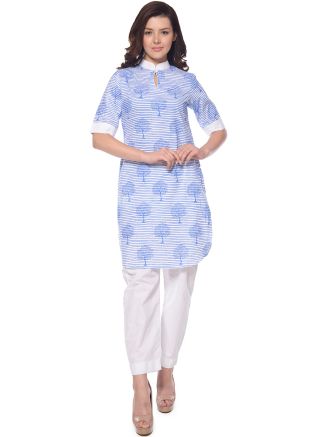 White Blue Stripes Block Printed Cotton Kurti