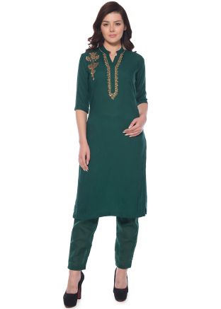 Green Straight Cut Embroidered Cotton Kurta