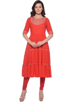 Red Multi Tiered Flared Readymade Long Kurta