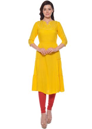 Readymade Yellow Multi Tiered Rayon Kurta