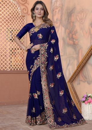 Navy Blue Zari Embroidered Border Saree
