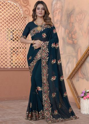 Teal Blue Embellished Border Saree & Blouse
