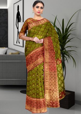 Green Kanjivaram Silk Saree In Print