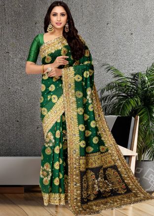 Green Kanjivaram Silk Saree In Stone Work