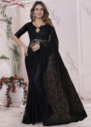 Black Resham Embroidered Net Saree