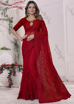 Red Net Saree In Resham Embroidery