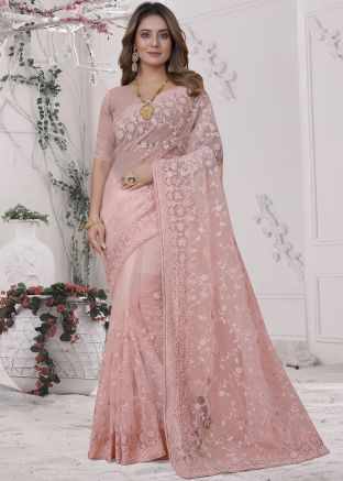 Peach Net Saree In Resham Embroidery