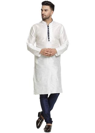 White Readymade Dupion Silk Kurta With Churidar