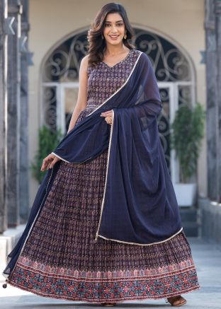 Readymade Navy Blue Printed Anarkali Suit Set