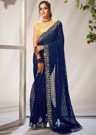 Blue Embroidered Saree In Georgette