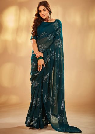 Blue Embroidered Saree In Georgette