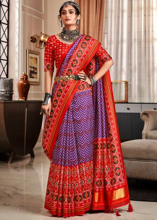Purple Printed Tussar Silk Saree