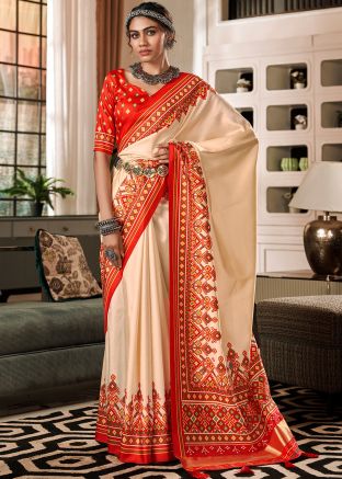 Cream Tussar Silk Saree In Print