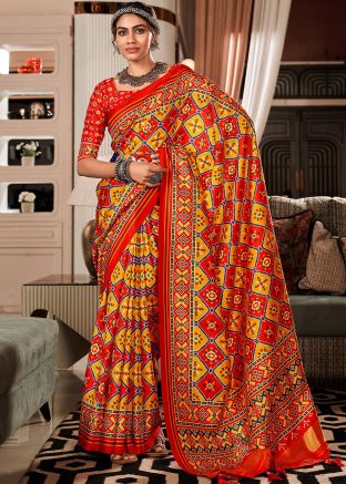Yellow Printed Saree In Tussar Silk