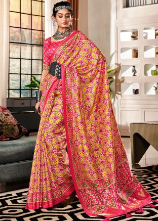 Yellow Printed Tussar Silk Saree 