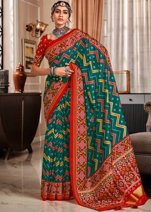 Green Tussar Silk Saree In Print