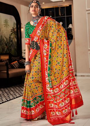 Yellow Printed Saree In Tussar Silk