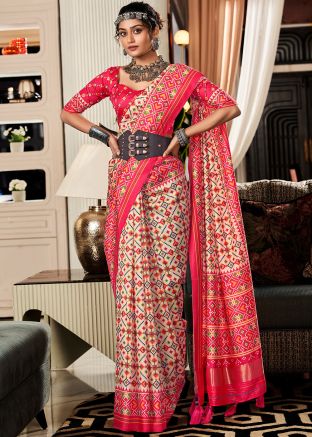 Cream Tussar Silk Saree In Print