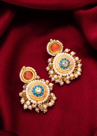 Orange Stud Earrings In Meenakari Work